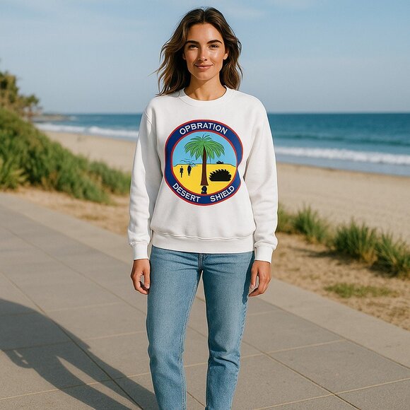 Operation Desert Shield Sweatshirt Medium, Yellowing Stains, Needs Dye or Bleach - Picture 1 of 11